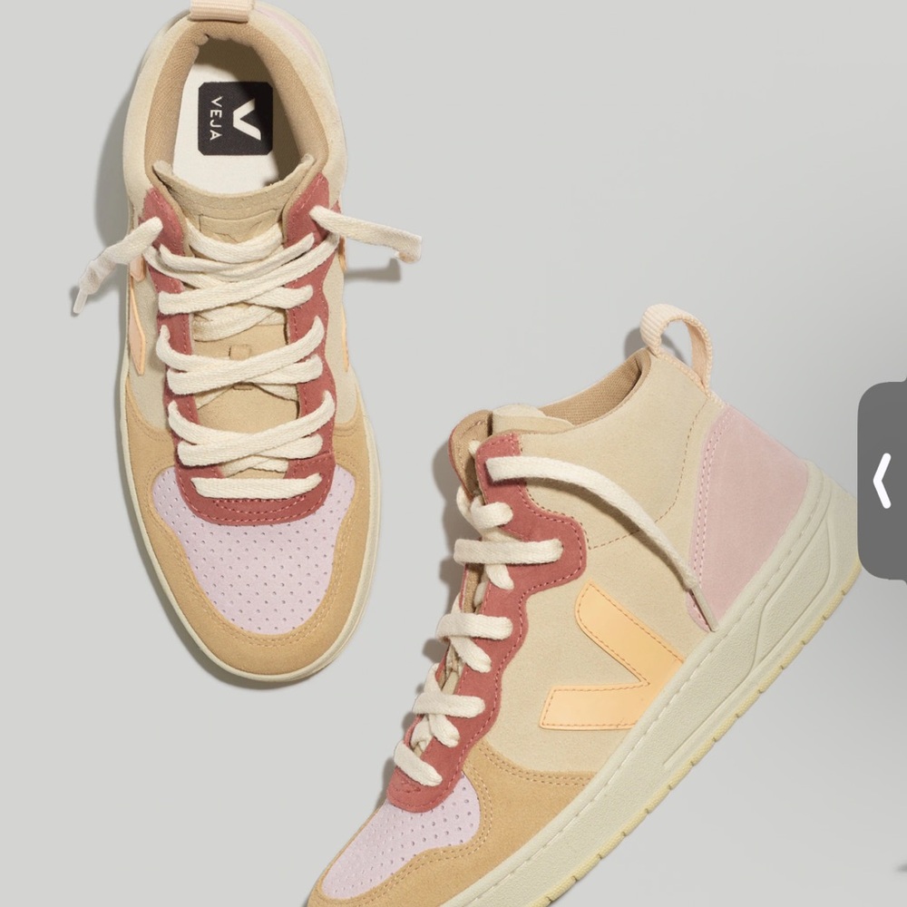 Veja V-15 Women's High-Top Sneakers in Pink, Beige & Peach